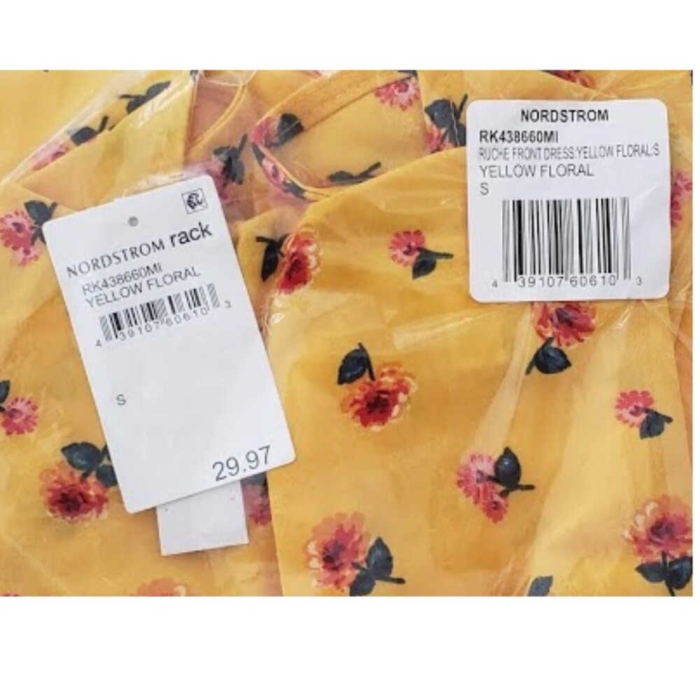Women's Ruched Front Mini V-Neck Yellow w/ Floral Pattern Dress Small NWT - Picture 7 of 10